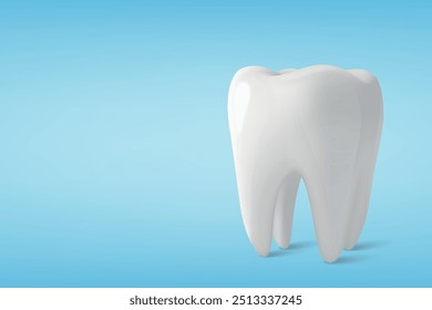 Vector 3D Realistic Isolated Tooth on Blue Background. Closeup of Single Tooth, Dental Health Illustration. Tooth Design for Dentistry, Healthcare, Hygiene Concept