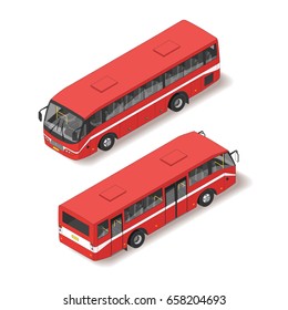 Vector 3d realistic isometric illustration of red bus. Back and front view. Isolated on white background.