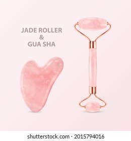 Vector 3d realistische Jade Roller, Gua Sha Scraping Massage Tool Set. Naturrosa-Quarzstein-Scraper, Massager. Chinesisches traditionelles Gesichtsleben für Frauen. Gesichtspunkte