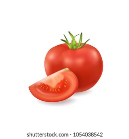 Vector 3d realistic juicy tomato closeup isolated on white background. Whole and quarter of a tomato. Design template, clipart for graphics
