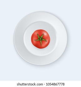 Vector 3d realistic juicy tomato in a white porcelain plate icon closeup isolated on white background. Design template for graphics