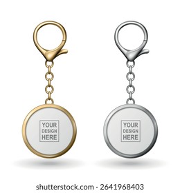 Vector 3d Realistic Keychain Set. Gold, Silver Round Key Tag with Chain for Branding. Key Ring Icon, Metal Keychain Design, Blank Key Tag, Key Holder, Gift Accessory, Chrome Ring, Keychain Mockup
