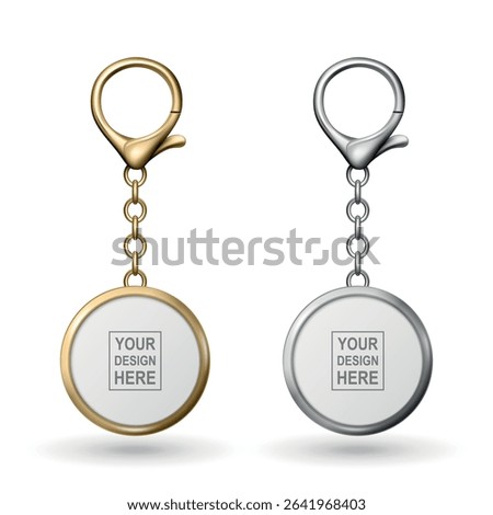 Vector 3d Realistic Keychain Set. Gold, Silver Round Key Tag with Chain for Branding. Key Ring Icon, Metal Keychain Design, Blank Key Tag, Key Holder, Gift Accessory, Chrome Ring, Keychain Mockup