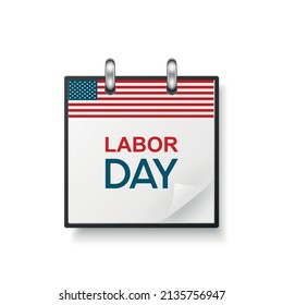 Vector 3d Libro Realista del Día del Trabajo Clásico Calendario Mínimo Simple con Colores de la Bandera de los Estados Unidos, Esquina de papel doblado. Plantilla de diseño para tarjeta de día laborable, pancarta, calendario de pared, fondo