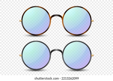 Vector 3d Realistic Leopard, Black Round Frame Glasses Set with Blue, Purple Transparent Glass Isolated, Eyeglasses for Women and Men, Accessory. Optics, Lens, Vintage, Trendy Glasses. Front View