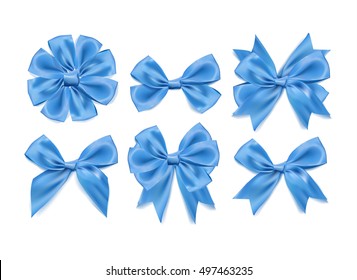 Vector 3d Realistic light Blue bows set on isolated background. Design decoration Element. Different forms and shapes. Banner poster print presentation business card invitation greeting card object