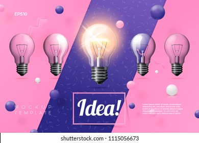 Vector 3d realistic light bulbs idea banner on abstract scene with place for text. Violet, pink and white balls and objects.