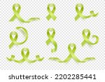 Vector 3d Realistic Lime Ribbon Set. Lymphoma Cancer Awareness Symbol Closeup. Cancer Ribbon Template. World Lymphoma Cancer Day Concept