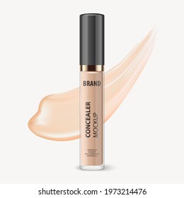 Vector 3d Realistic Lip Gloss, Foundation, Concealer, Corrector Package, Black Cap, Lip Gloss Stroke Isolated. Glass Container, Tube. Plastic Transparent Bottle, Design Template, Mockup. Front View
