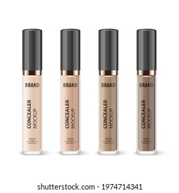Vector 3d Realistic Lip Gloss, Foundation, Concealer, Corrector Package, Black Cap, Lip Gloss Set Isolated. Glass Container, Tube. Plastic Transparent Bottle, Design Template, Mockup. Front View