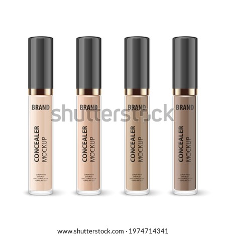 Vector 3d Realistic Lip Gloss, Foundation, Concealer, Corrector Package, Black Cap, Lip Gloss Set Isolated. Glass Container, Tube. Plastic Transparent Bottle, Design Template, Mockup. Front View