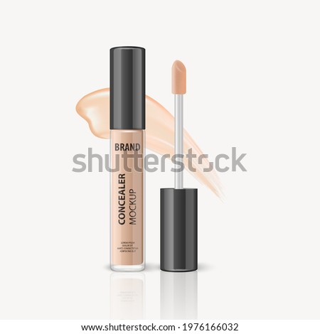 Vector 3d Realistic Lip Gloss, Foundation, Concealer, Corrector Package, Black Cap, Lip Gloss Stroke Isolated. Glass Container, Tube. Plastic Transparent Bottle, Design Template, Mockup. Front View