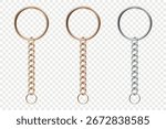 Vector 3d Realistic Lobster Clasp Keychain Set with Chain. Gold, Bronze and Silver Keychain Hook for Jewelry Making, DIY Craft, Bag Accessories, Key Holder Clip, Purse Hardware, Accessory Design