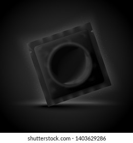 Vector 3d realistic luxury black condom package, isolated on dark background. Mock-up for product package branding.