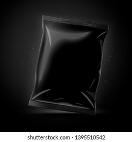 Vector 3d realistic luxury dark chips pack, isolated on black background. Mock-up for product package branding.