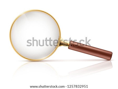 Vector 3d realistic magnifying glass in golden rim, brown wooden handle. Science tool with transparent lens isolated on white background.Optical device for research, exploration. Instrument to magnify