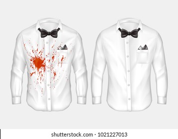 Vector 3d realistic male white shirts with bow-ties, one dirty, crumpled with red stain of wine, blood or ketchup, other clean and ironed. Mockup with clothes before and after washing or dry-cleaning