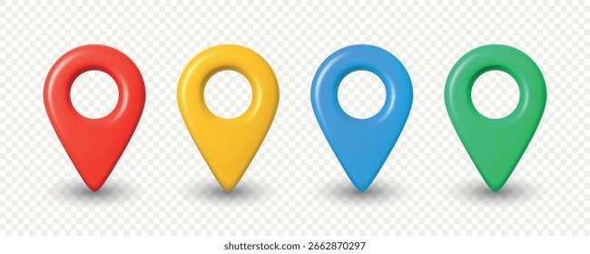 Ícones de pino de mapa realista vetorial 3d em vermelho, amarelo, azul, verde para marcador de localização do pino de mapa GPS. Símbolo de Ponteiro de Pin do Mapa de Navegação Definido para Aplicativo Móvel, Guia de Viagem, Modelo de Design de Mapa