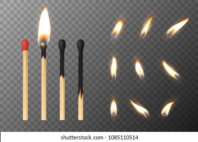 Vector 3d realistic match stick and different flame icon set, closeup isolated on transparency grid background. Whole and burnt matchstick. Stages of burning the match. Symbol of ignition, burning and