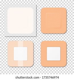 Vector 3d Realistic Medical Patch Icon Set Closeup Isolated on Transparent Background. Design Template Adhesive Bandage Elastic Medical Plasters. Front and Back Side View