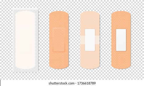 Vector 3d Realistic Medical Patch Icon Set Closeup Isolated on Transparent Background. Design Template Adhesive Bandage Elastic Medical Plasters. Front and Back Side View
