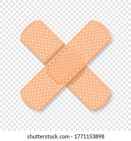 Vector 3d Realistic Medical Patch Icon Closeup Isolated on Transparent Background. Design Template Adhesive Bandage Elastic Medical Plasters. Cross a Cross. Front, Top View