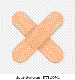 Vector 3d Realistic Medical Patch Icon Closeup Isolated on Transparent Background. Design Template Adhesive Bandage Elastic Medical Plasters. Cross a Cross. Front, Top View