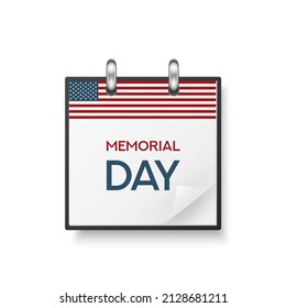 Vector 3d Realistic Memorial Day Paper Classic Simple Minimalistic Calendar with US Fflag Colors, Folded Paper Corner. Design Template for Memorial Day Card, Banner, Wall Calendar, Background