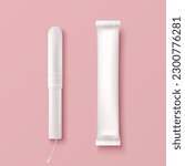Vector 3d Realistic Menstrual Hygiene Cutton Tampon, Applicator, Paper Tube, Packaging Set Isolated. Feminine Hygiene Design Template, Hygienic Tampon in Front View. Concept of Women s Health, Hygiene