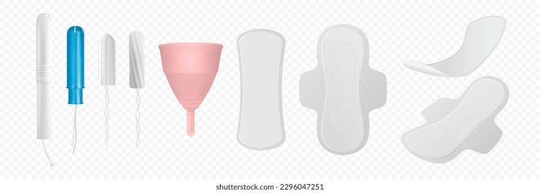 Vector 3d Productos Realistas de Higiene Menstrual - Tampon, Tampon con aplicador, Menstrual Cup y Sanitary Pad Icon Set Closeup Aislado. Iconos Femeninos de Higiene - Pads Menstrul Sanitary, Tampons, Copa