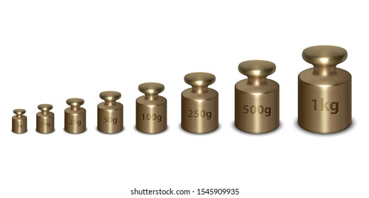 Vector 3d Realistic Metal Calibration Laboratory Weight Different Sizes Icon Set Closeup Isolated on White Background. Design Template of Little Weights for Mechanical Jewelry Scales