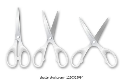 Vector 3d Realistic Metal Closed and Opened Stationery Scissors with Plastic Handles Icon Set Closeup Isolated on White Background. Design Template of Classic Scissors for Graphics, Mockup. Top View