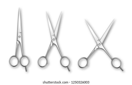 Vector 3d Realistic Metal Closed and Opened Stationery Scissors with Metal Handles Icon Set Closeup Isolated on White Background. Design Template of Classic Scissors for Graphics, Mockup. Top View