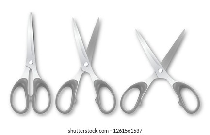 Vector 3d Realistic Metal Closed and Opened Stationery Scissors with Plastic Handles Icon Set Closeup Isolated on White Background. Design Template of Classic Scissors for Graphics, Mockup. Top View