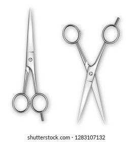 Vector 3d Realistic Metal Closed and Opened Stationery Scissors with Metal Handles Icon Set Closeup Isolated on White Background. Design Template of Classic Scissors for Graphics, Mockup. Top View