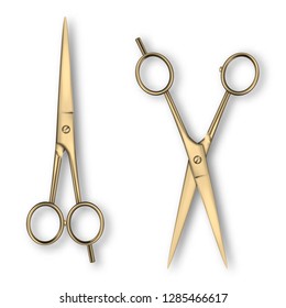 Vector 3d Realistic Metal Closed and Opened Stationery Scissors with Metal Handles Icon Set Closeup Isolated on White Background. Design Template of Classic Scissors for Graphics, Mockup. Top View