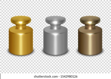 Vector 3d Metal Realista Dorado, Plata, Calibración Bronce Laboratorio Calibración Icono de Peso Cierre Aislado en Fondo Transparente. Plantilla de diseño de pequeños pesos para escalas mecánicas de joyas