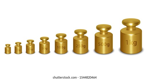 Vector 3d Realistic Metal Golden Calibration Laboratory Weight Different Sizes Icon Set Closeup Isolated on White Background. Design Template of Little Weights for Mechanical Jewelry Scales