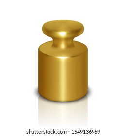 Vector 3d Realistic Metal Golden Calibration Laboratory Weight Icon with Reflection Closeup Isolated on White Background. Design Template of Little Weight for Mechanical Jewelry Scales. Front View