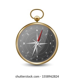 Vector 3d Realistic Metal Golden Antique Old Vintage Compass with Windrose Icon Closeup Isolated on White Background. Black Dial. Design Template. Travel, Navigation Concept. Front View