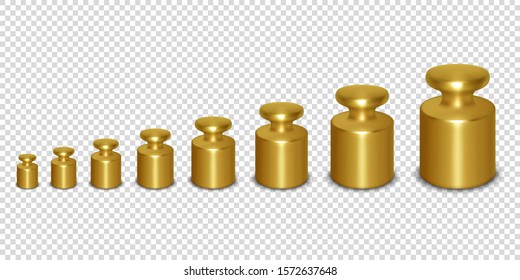 Vector 3d Realistic Metal Golden Calibration Laboratory Weight Different Sizes Icon Set Closeup Isolated on Transparent Background. Design Template of Little Weights for Mechanical Jewelry Scales