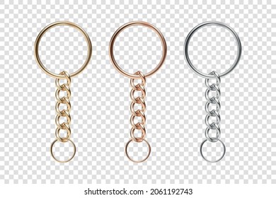 Vector 3d Realistic Metal Golden, Silver Chain Keychain, Ring Icon Set Closeup Isolated. Stainless Steel Chains, Chains Key Holder Design Template. Key Rings
