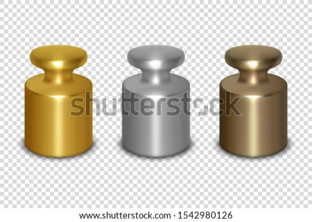 Vector 3d Realistic Metal Golden, Silver, Bronze Calibration Laboratory Weight Icon Set Closeup Isolated on Transparent Background. Design Template of Little Weights for Mechanical Jewelry Scales