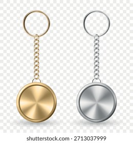 Vector 3d realista llavero de metal Mockup Set en oro y plata, aislado. Llavero redondo en blanco del metal para la marca, diseño del recuerdo, Plantilla del logotipo, promoción del regalo. Ilustración vectorial