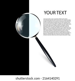 Vector 3d Realistic metal Magnifying Glass, Magnifying Glass icon in Close-up, highlighted on a black and white background. Magnifying glass design template. Top view