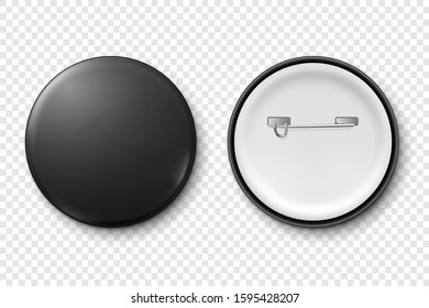 Vector 3d Realistic Metal or Plastic Black Blank Button Badge Icon Set Isolated on Transparent Background. Top and Back Side View. Template for Branding Identity, Graphic Presentations. Mock-up