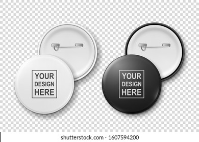 Vector 3d Realistic Metal or Plastic White, Black Blank Button Badge Set Closeup Isolated on Transparent Background. Top, Back Side View. Template for Branding Identity, Graphic Presentations. Mock-up