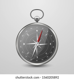 Vector 3d Realistic Metal Silver, Chrome, Steel Antique Old Vintage Compass with Windrose Icon Closeup Isolated on White Background. Black Dial. Design Template. Travel, Navigation Concept. Front View