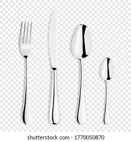 Vector 3d Realistic Metal, Silver, Stainless, Steel Fork, Spoon, Knife Icon Set Isolated on Transparent Background. Dessert Cutlery Design Template