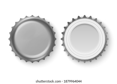 Vector 3d Realistic Metal Silver Gray Blank Beer Bottle Cap Icon Set Closeup Isolated on White Background. Design Template for Mock up, Package, Advertising. Top and Bottom View